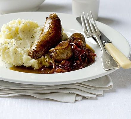Bangers and mash with onion gravy